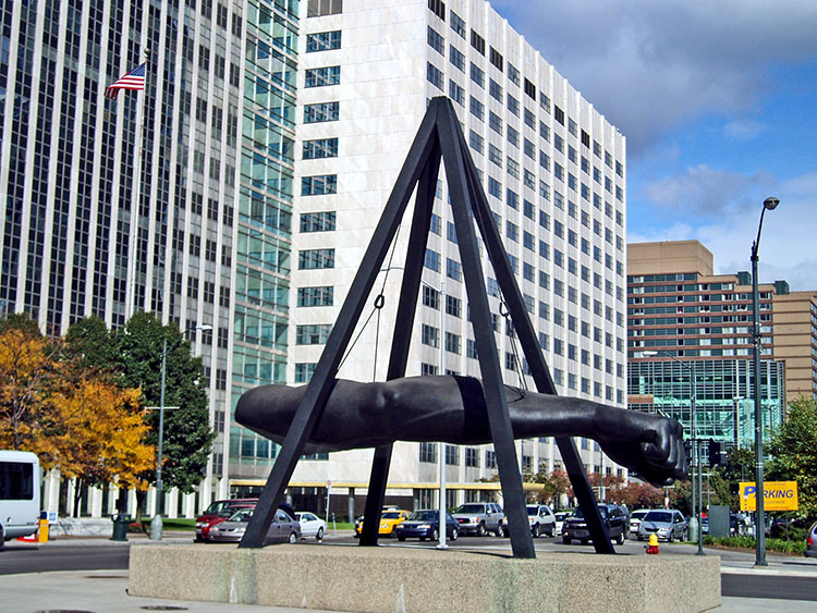 The Joe Louis Fist is located on Jefferson Ave. in Downtown Detroit